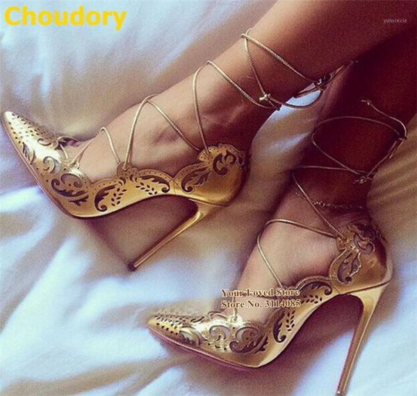 

choudory thin high heels floral cut-out dress shoes pointed toe flowers carved pattern wedding pumps lace-up cross strappy shoes1, Black