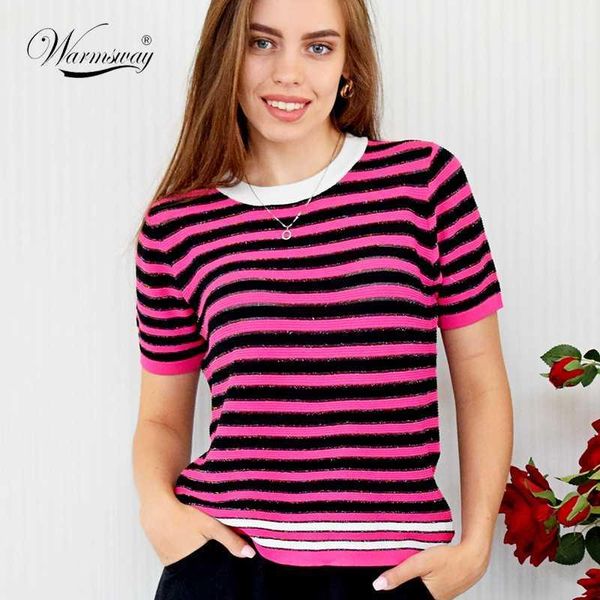 

2020 autumn new fashion t-shirt striped o-neck thin knitted women slim knitwear b-2911, White