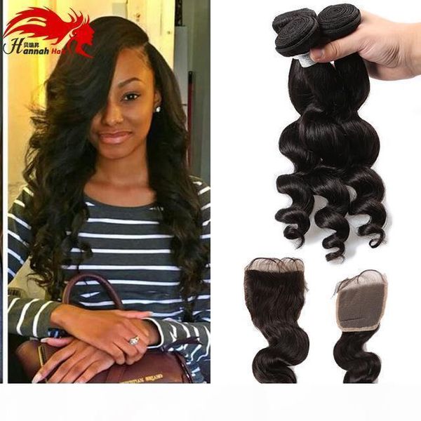 

brazilian virgin hair with closure virgo brazilian loose wavy human hair weave 4 bundles with closure loose wave with closure, Black