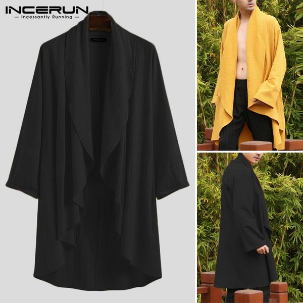 

vintage loose coats mens long style outer clothing incerun leisure solid color cardigan men long sleeve open stitch trench s-5xl, Tan;black
