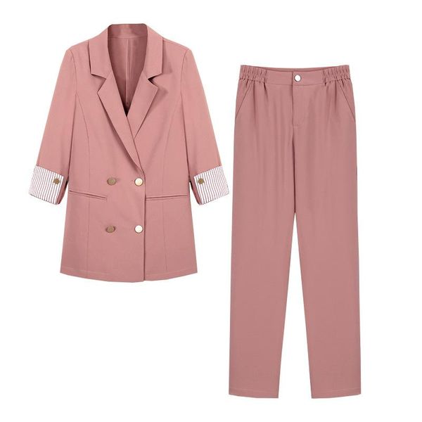 

striped sleeve double breasted women pant suits notched blazer & high waist pant solid style female 2 pieces set 2020 summer, White