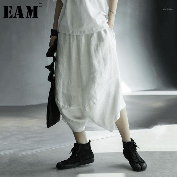 

eam] high elastic waist white brief long wide leg trousers new loose fit pants women fashion tide spring summer 2020 1x0171, Black;white