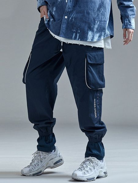 

men letter graphic flap pocket side drawstring waist cargo pants x9vg#, Black