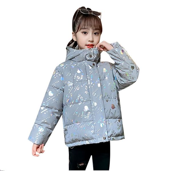 

new fashion children autumn winter jackets for girls reflective material warm coat print waterproof kids hooded clothes 4-13yrs, Blue;gray