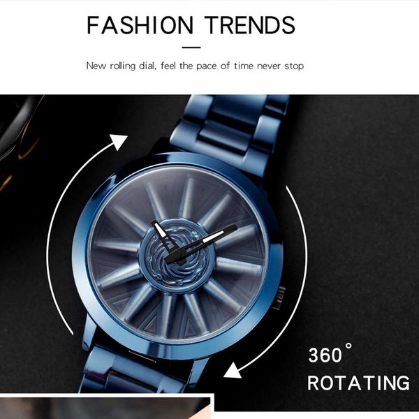 

new fashion men watch creativity car wheel rim 360 degree rotating full steel waterproof quartz wristwatch men relogio masculino wmthub, Silver