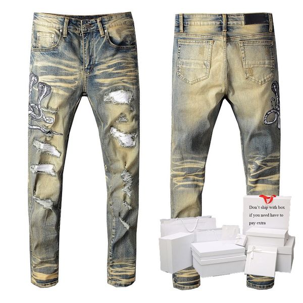 

mens jeans fashion snake pattern trousers streetwear striped ripped hole mens solid denim pants, Blue