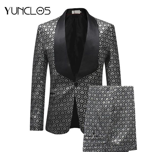 

yunclos fish scales jacquard men's suits 2 pieces shawl collar suits with pant business wedding men tuxedo party dress, White;black