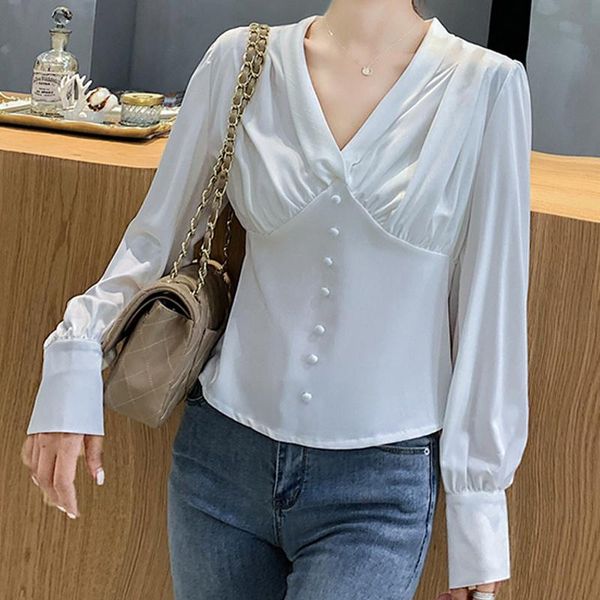 

autumn women long sleeve v-neck vintage blouse elegance solid satin white shirt office lady button up korean chic t09821z