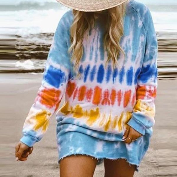 

new casual rainbow tie dye print sweatshirt dress for women long sleeve o-neck mini dress female loose straight1, Black;gray