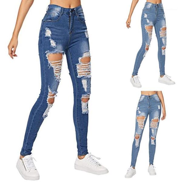 

2021 new solid colour zipper pockets holes excoriation high-waisted pencil jeans women's fashion vintage casual loose long pants1, Blue