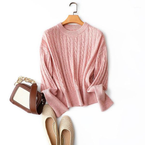 

autumn winter new classic cable knitted crew neck short sweaters women fashion casual pink knitted cashmere merino wool pullover1, White;black