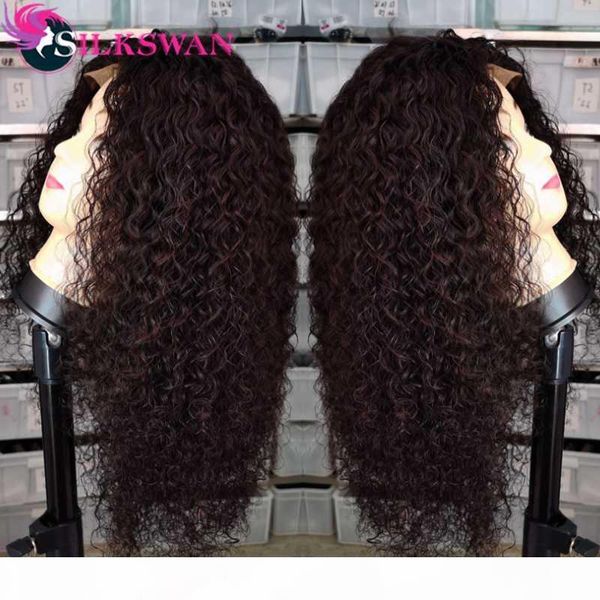 

silkswan hair 26 28 30 inch deep curly wig 13x4 lace front wigs preplucked 150% 250%density natural black brazilian remy hair, Black;brown