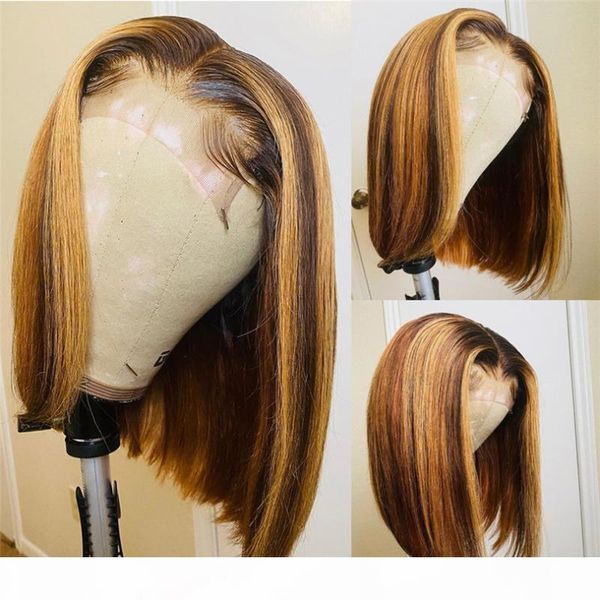 

highlight color lace front human hair wig 5*5 pu silk wig brazilian human hair blonde short bob glueless lace wigs, Black;brown