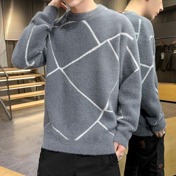 

men's sweaters 2021 round neck sweater winter trend mink velvet thick knitted bottoming shirt autumn and fashion, White;black