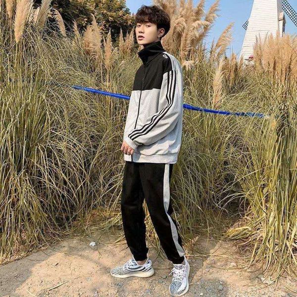 

sweater new style men's sport plush color matching printed cardigan long sleeve youth fashion close up hooded collar set, Gray