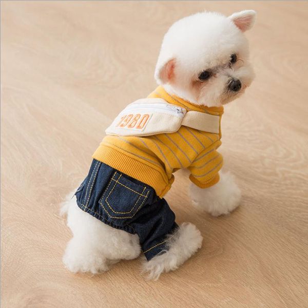 

thicken warm stripe denim boy dog sweater jumpsuit with bag cat puppy coat jacket shirt pants winter for dogs cats clothes