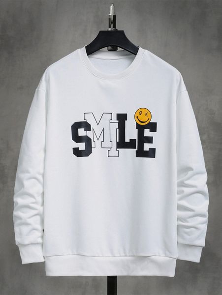 

men letter & expression print drop shoulder pullover t8cz#, Black