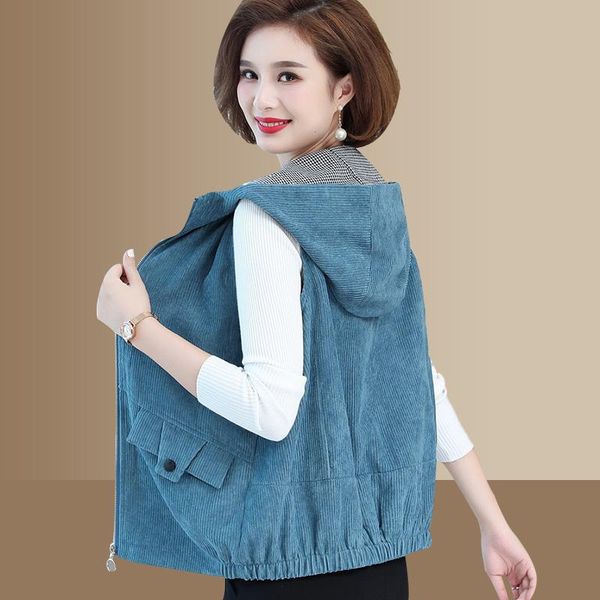 

women's vests mother corduroy short vest coat 2021 spring autumn loose hooded sleeveless outwear female plus size solid waistcoats casu, Black;white