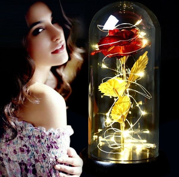 

glass cover led light valentine's day celebration anniversary eternal rose flower imitation gold foil