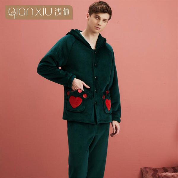 

male pajamas for men sleepwear men's flannel cartoon winter sleep suit pajama set mens pyjamas hooded collar couple nightwear, Black;brown