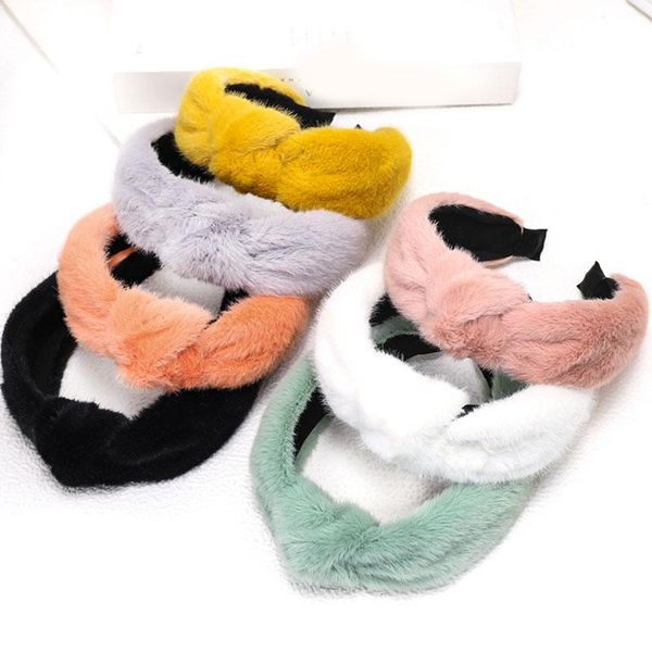 

hair accessories 1pcs plush headband soft warm bow hairband candy color knot head hoop wide side lamb wool winter