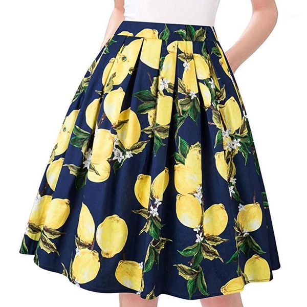 

new arrival vintage pleated women skirt ss0012 high waist floral print lemon flamingo animal printed blue skater cotton skirt1, Black