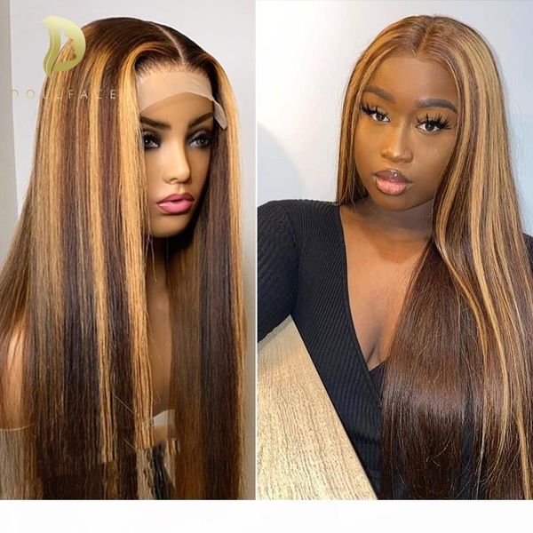 

straight honey blonde lace front wigs for black women brown ombre human hair 180 density t part lace highlight wig human hair, Black;brown