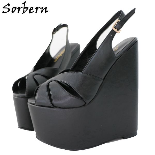 

sorbern black matt women sandal wedge high heels summer slingback cross straps shoes female 18cm wedge unisex