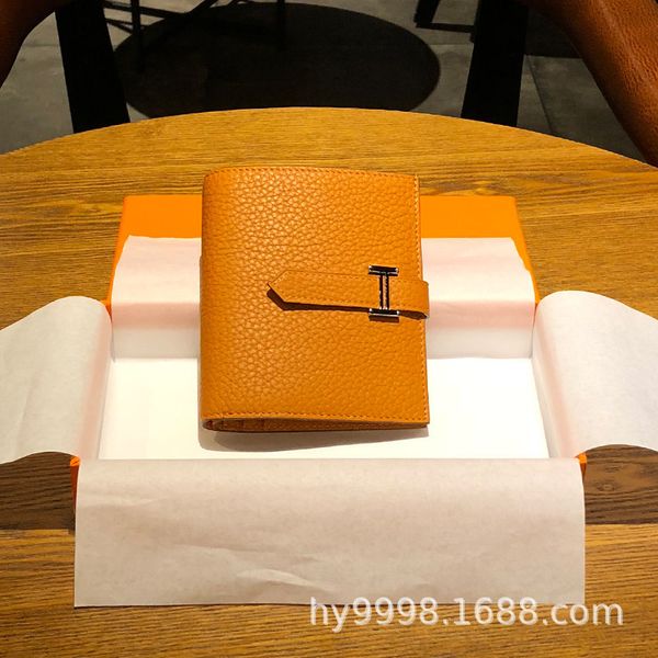 

new short women's h-shaped buckle, two fold drawstring, small wallet, soft leather thin