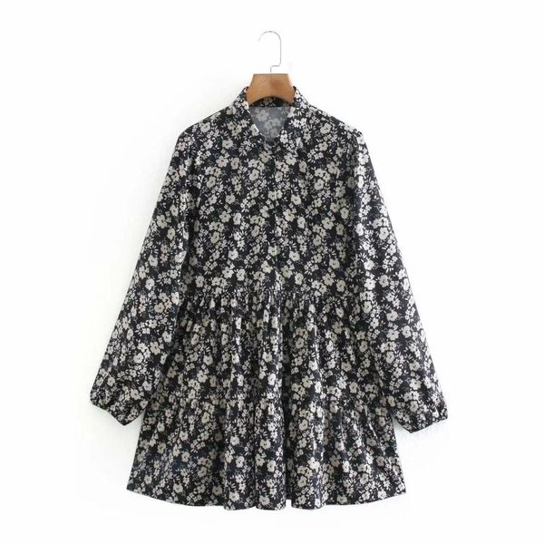 

women vintage floral printing mini tiered dress female turndown collar lantern sleeve clothes casual lady loose vestido d6882, Black;gray