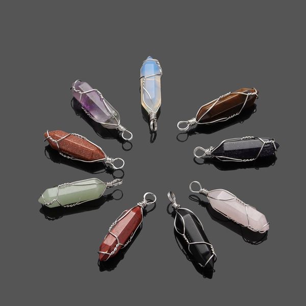 

natural crystal diy creative jewelry white copper wire winding hexagonal gemstone drop necklace bullet shaped men and women pendant jewelry, Silver