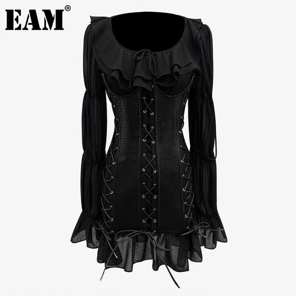 

eam] women black cross bandage vintage dress new round neck long lantern sleeve loose fit fashion spring autumn 2021 1db620, Black;gray
