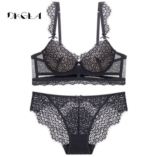 

2020 new black bra set push up brassiere deep v bras lace lingerie set embroidery eyelash women underwear set cotton thick c1212, Black;white