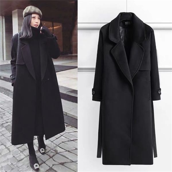 

hodisytian spring women wool blends trench coat elegant outerwear casual loose cardigan female cashmere overcoat korean version 201218, Black