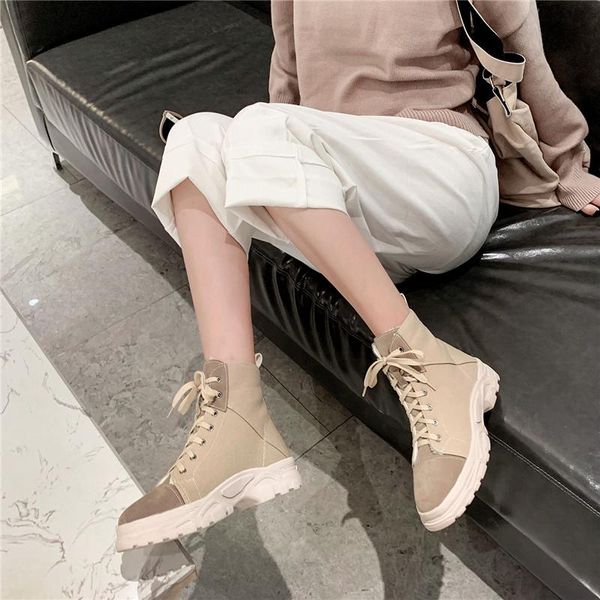 

boots ymechic 2021 casual autumn winter black beige canvas lace up soft sole flat platform sports shoes women sneakers combat