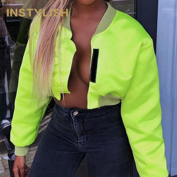 

instylish women 2020 fashion neon green jackets causal long sleeve o neck short coats autumn slim crop outwear streetwear1, Black;brown