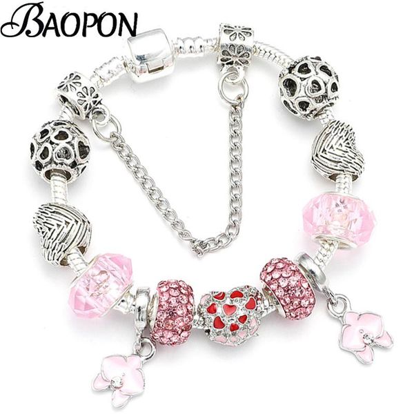 

charm bracelets pink crystal glass beads & bangles with flower pendant for women wife jewelry pulseira, Golden;silver