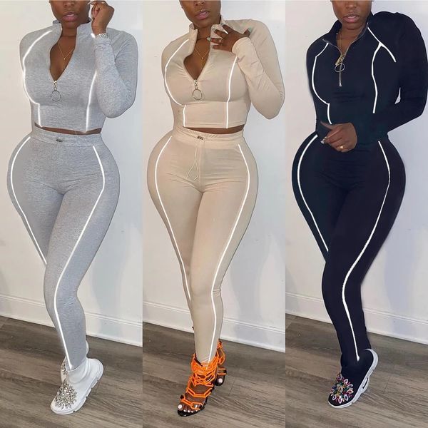 

reflective stripe two pieces sets women tracksuits fashion zipper long sleeve crop +high waist slim sweatpants female set, Gray