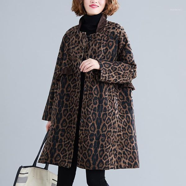 

aransue large size winter long sleeve leopard print woolen coat middle long thick overcoat blends,bpd3621, Black