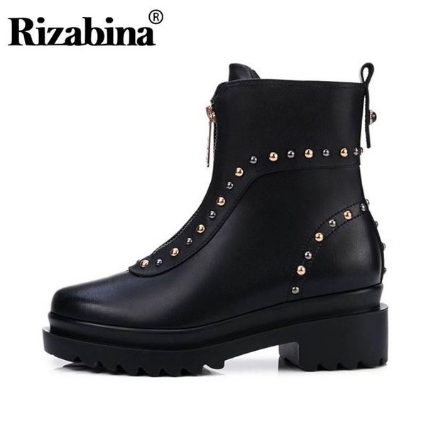 

rizabina genuine leather ankle boots women ins fashion rivets zipper flats shoes women winter autumn gothic boots size 34-39, Black
