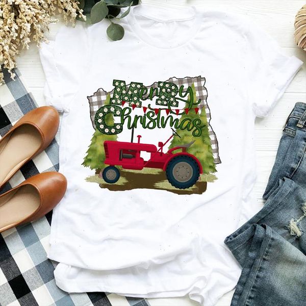 

women merry christmas truck fashion cute style 90s printing holiday clothes ladies graphic print tee tshirt female t shirt, White