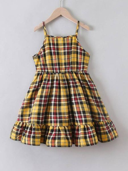 

girls tartan ruffle hem cami dress she, Red;yellow