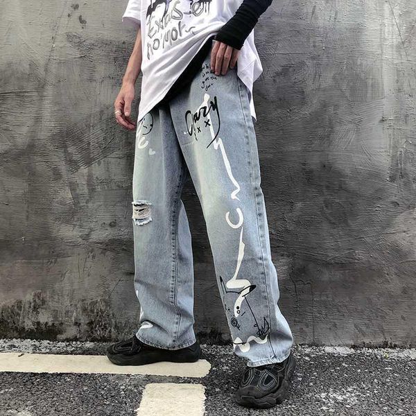 

uncledonjm graffiti printed ripped jeans men's hip hop loose straight-leg pants ripped jeans for men sl-s20031, Blue