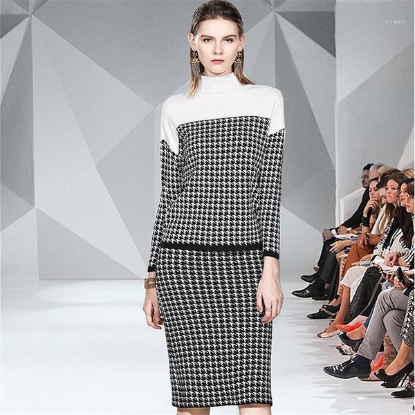 

houndstooth plaid sweater women autumn two piece set office runway turtleneck knitted sweater + elastic knit midi skirt set a1451, Gray