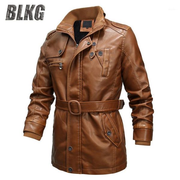

blkg long leather jacket men coat faux leather casual stand collar with sashes motorcycle pu jackets coats 6xl1, Black