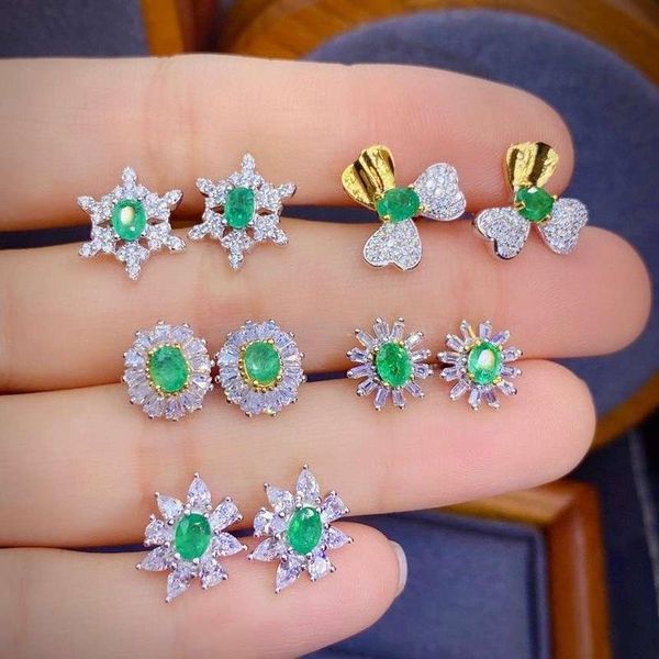 

natural emerald women's earring 0.6 carats precious emerald stud earring romantic classic style for anniversary gift, Golden;silver