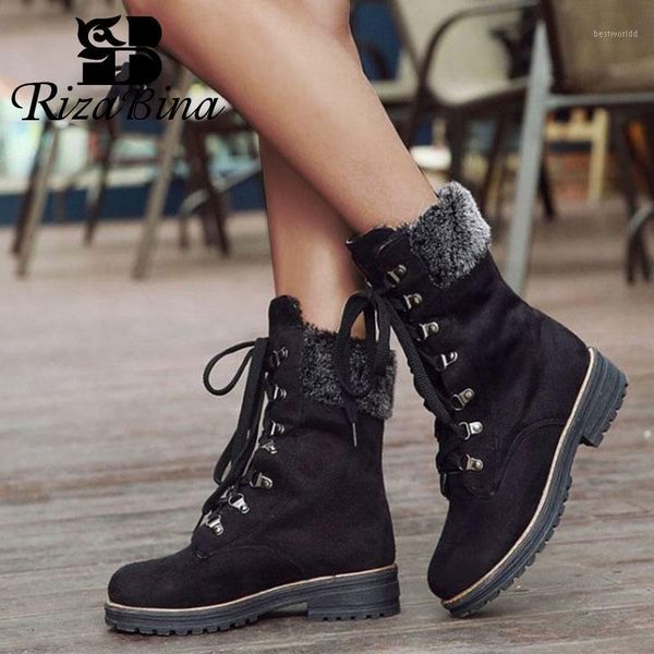 

boots rizabina women half short keep warm plush cotton shoes winter lace up snow casual flats footwear size 34-431, Black