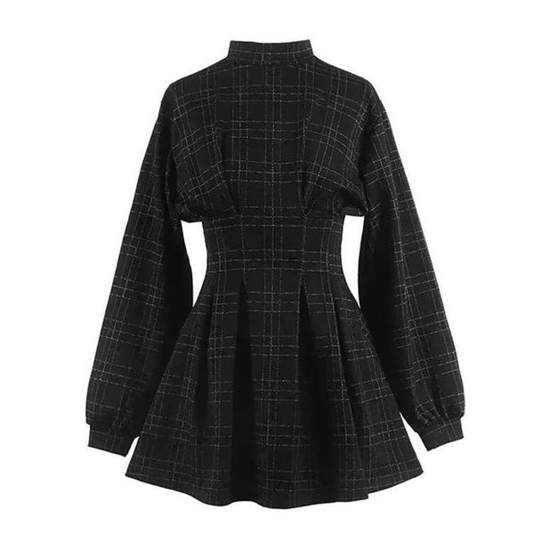 

casual dresses 2021 autum women vintage mini dress long sleeve plaid a-lined punk style gothic for goth girls female retro high waist, Black;gray