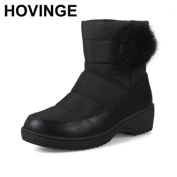 

hovinge new 2020 brand hairball snow boot women pu leather waterproof cloth ankle boot women hairball plush warm shoes1, Black