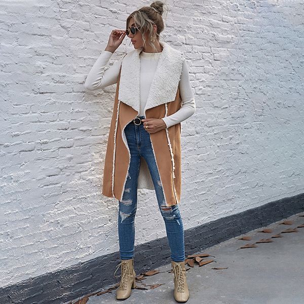 

women's 2021 and clothes new medium length lapel cardigan suede sleeveless autumn female coat winter dbjl, Black